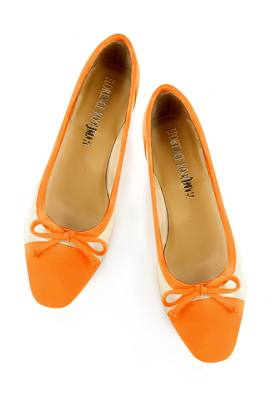 Apricot orange and gold women's ballet pumps, with low heels. Square toe. Flat flare heels - Florence KOOIJMAN